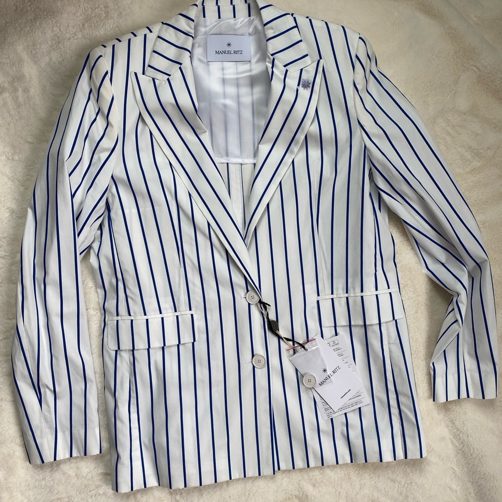 NWT Manuel Ritz Striped Blazer Women’s White Blue – Lightweight Tailored Jacket